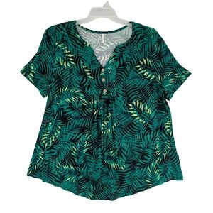 Cathy Womens 2XL Tropical Palm Leaf Print V-Neck Short Sleeve Blouse Green Black